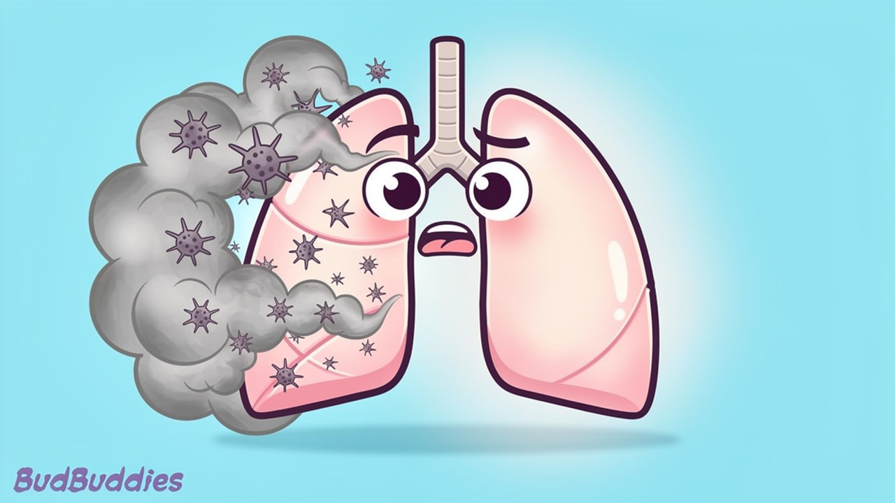 Cartoon lungs character showing airway irritation from smoke
