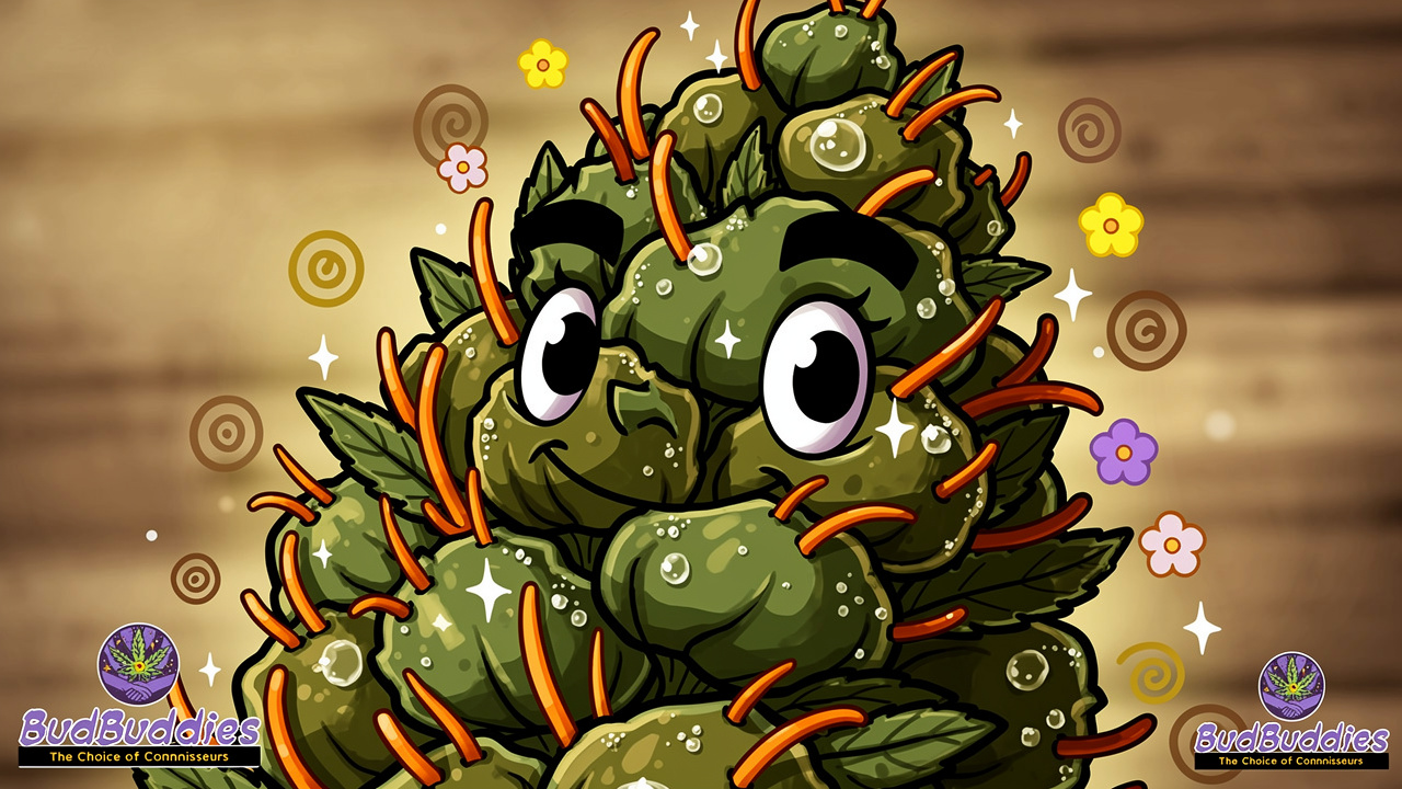 Cartoon cannabis bud with colourful aroma swirls