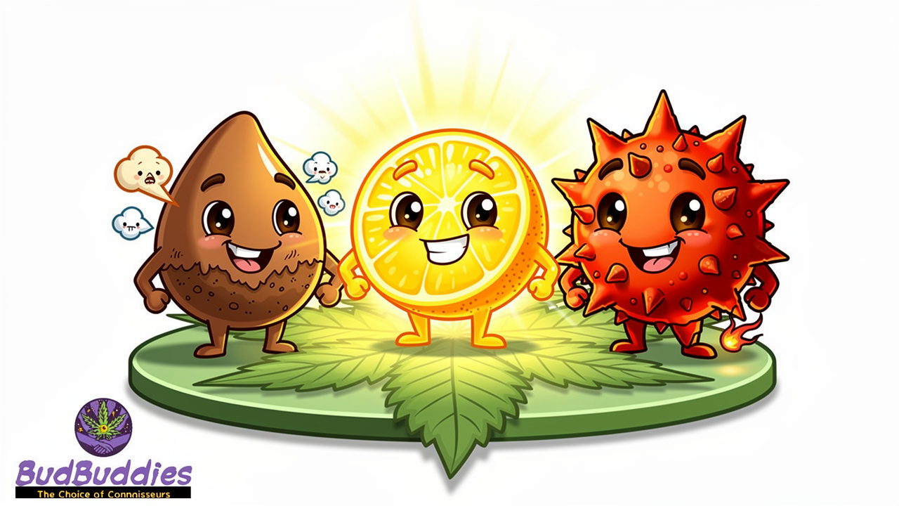 Cartoon terpene characters representing AK-47 flavour profile