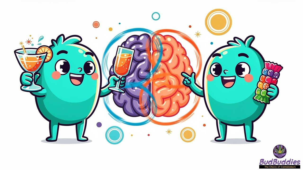Cartoon showing alcohol and THC effects on the nervous system