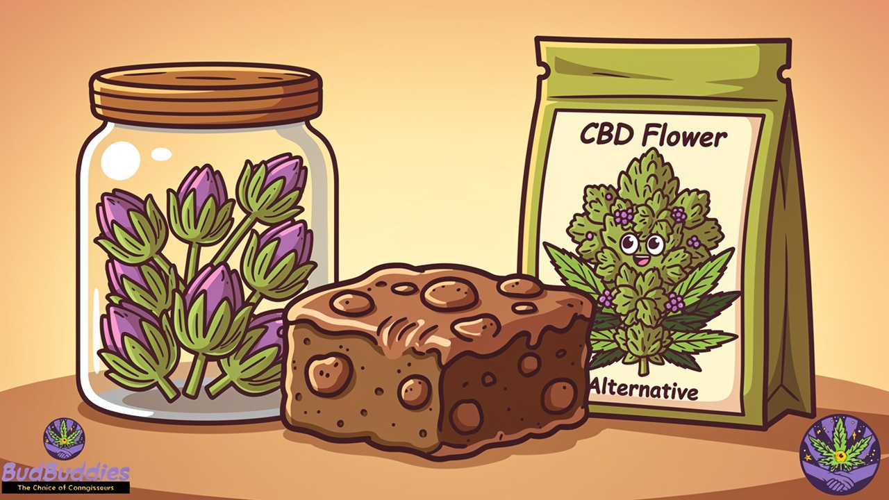 Cartoon display of dried flower, edibles, and CBD alternatives