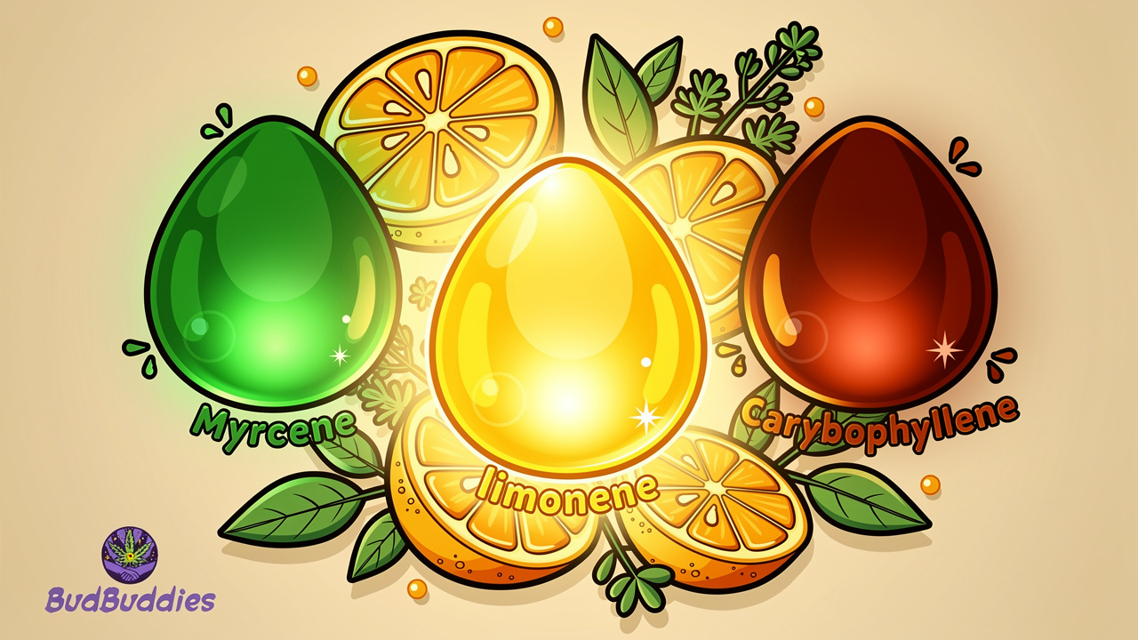 Three colourful terpene droplets in a harmonious arrangement