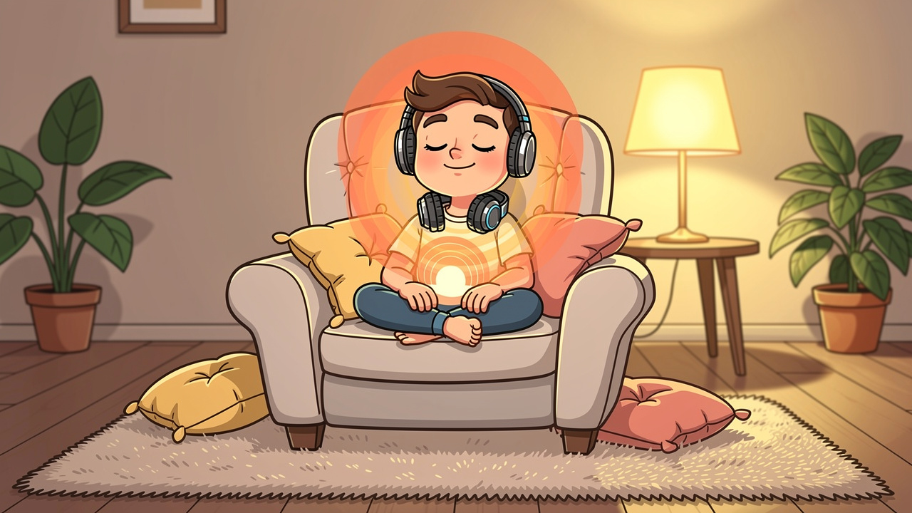 Cartoon character experiencing amplified emotions in cosy armchair