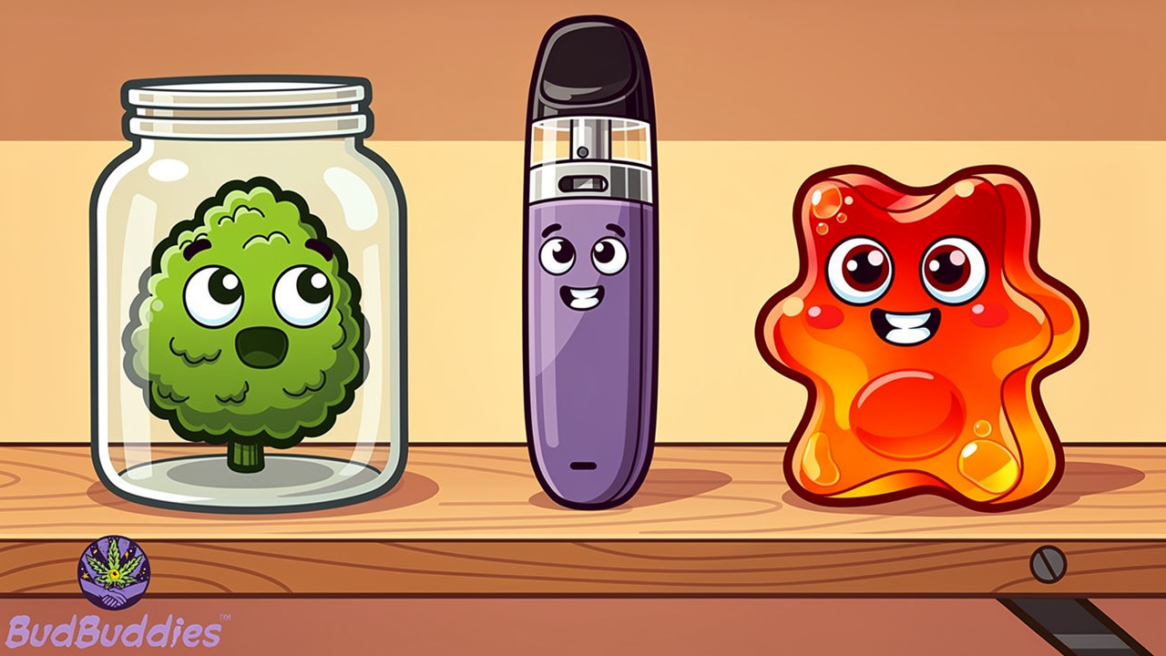 Cartoon comparison of flower, vape, and edible formats