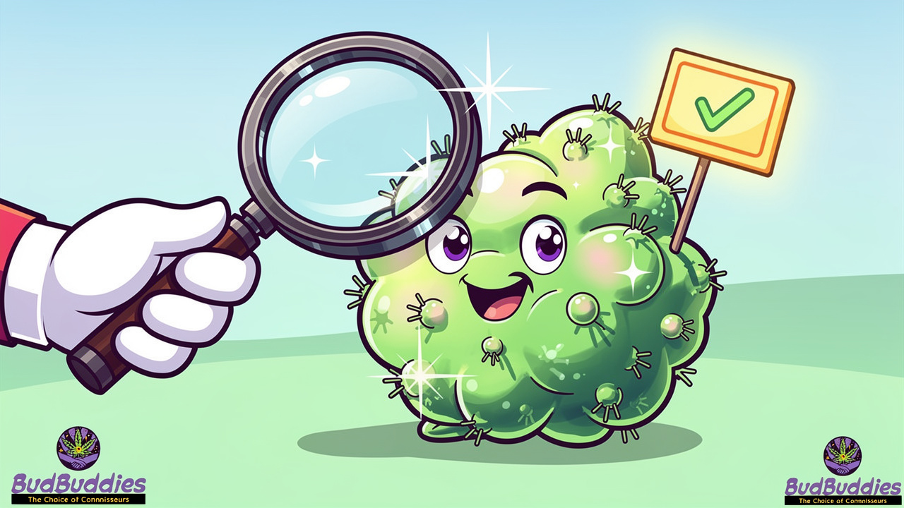 Cartoon magnifying glass checking cannabis bud quality