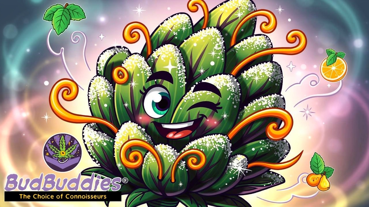 Cartoon frosty bud with mint and citrus flavour icons