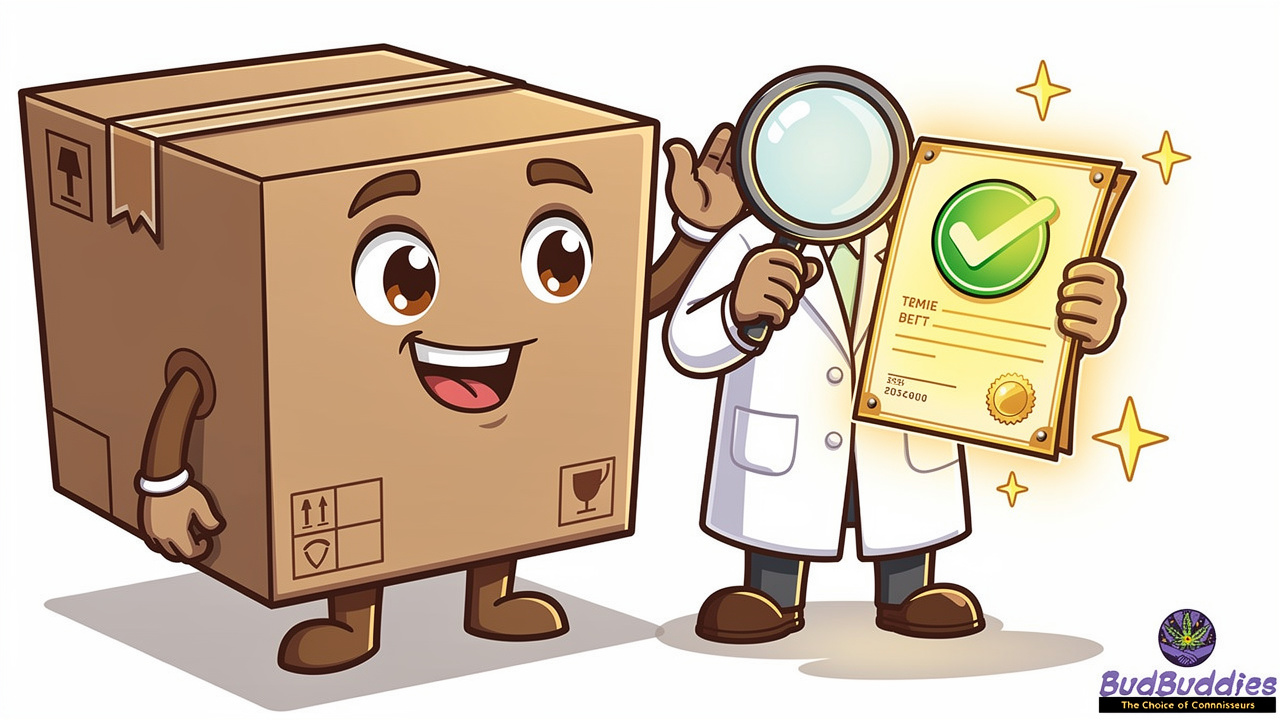 Cartoon scientist verifying lab-tested cannabis package
