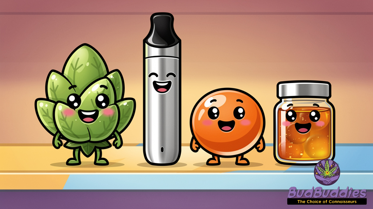 Cartoon characters of flower, vape, edible and concentrate