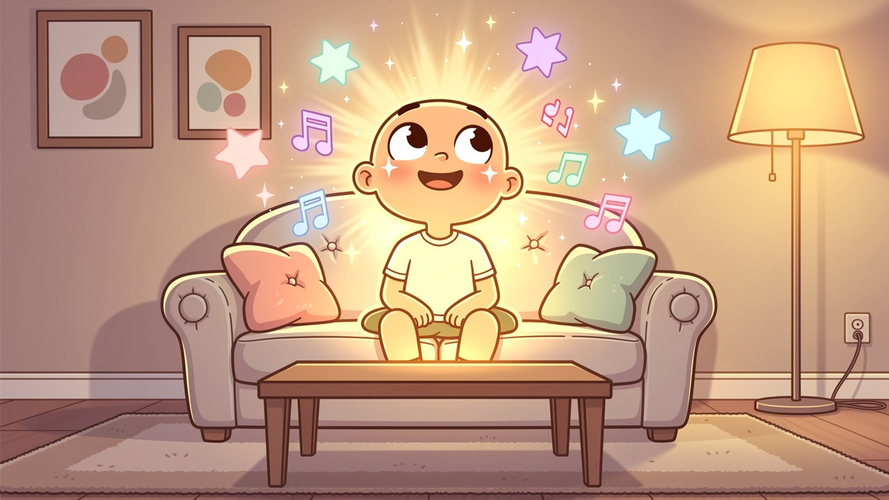 Cartoon character experiencing euphoria and body relaxation on sofa