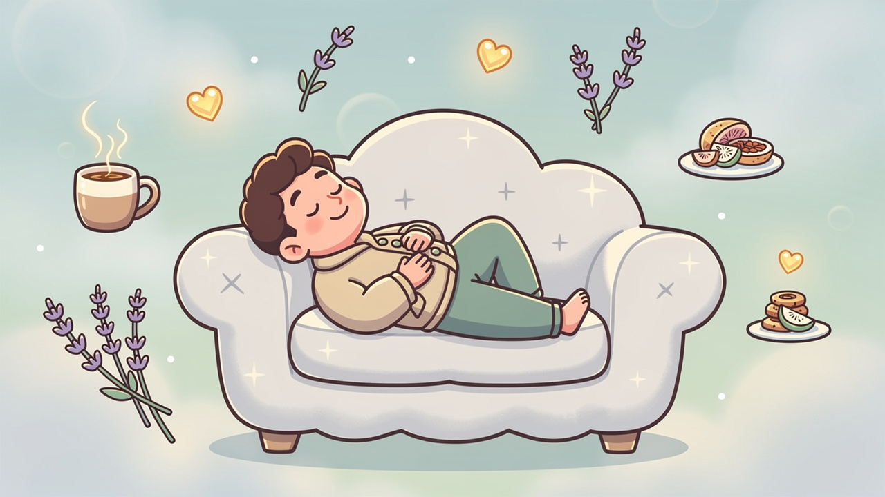 Cartoon character relaxing with wellness symbols representing cannabis benefits