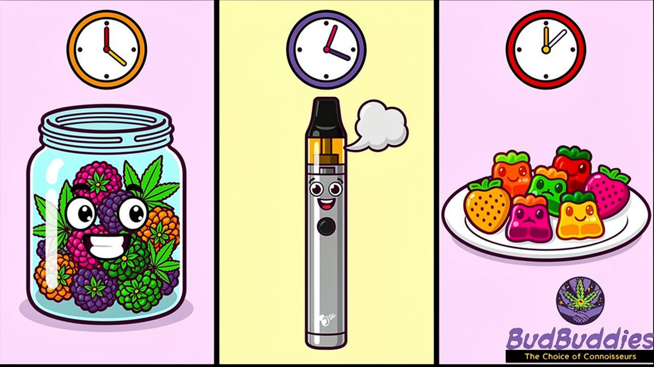 Cartoon comparison of flower, vape and edibles