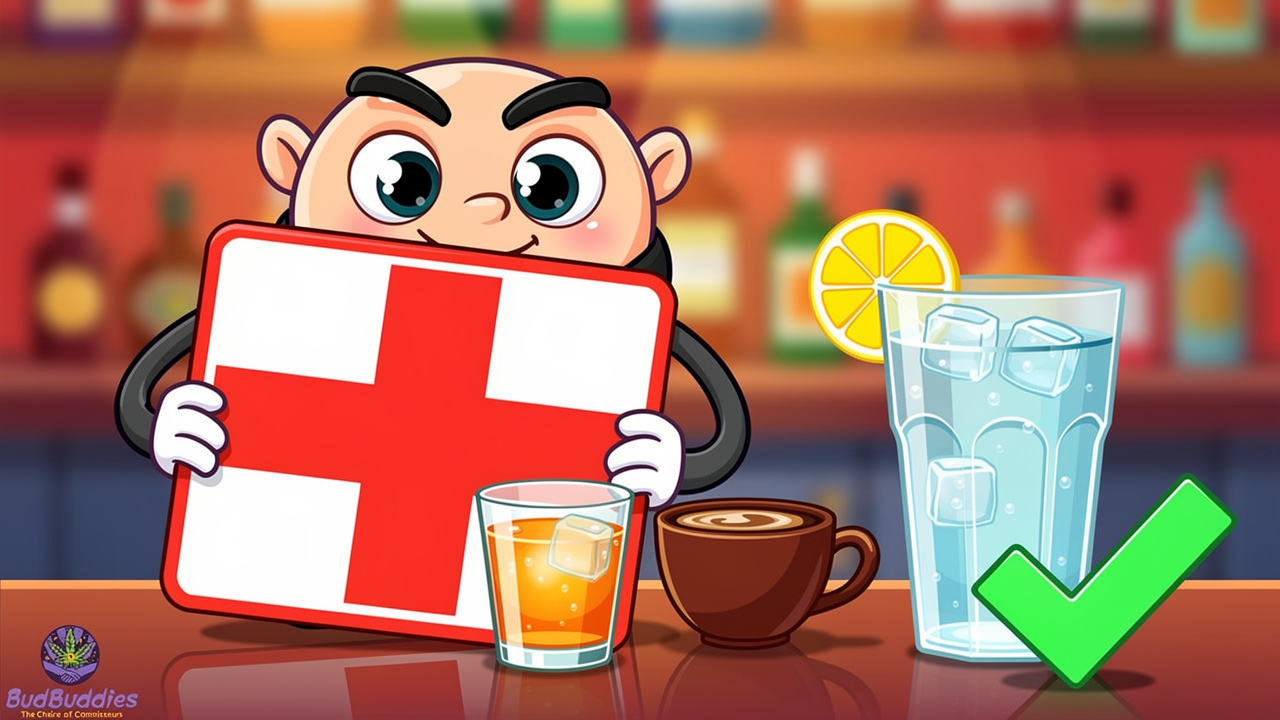 Cartoon character choosing water over alcohol when too high