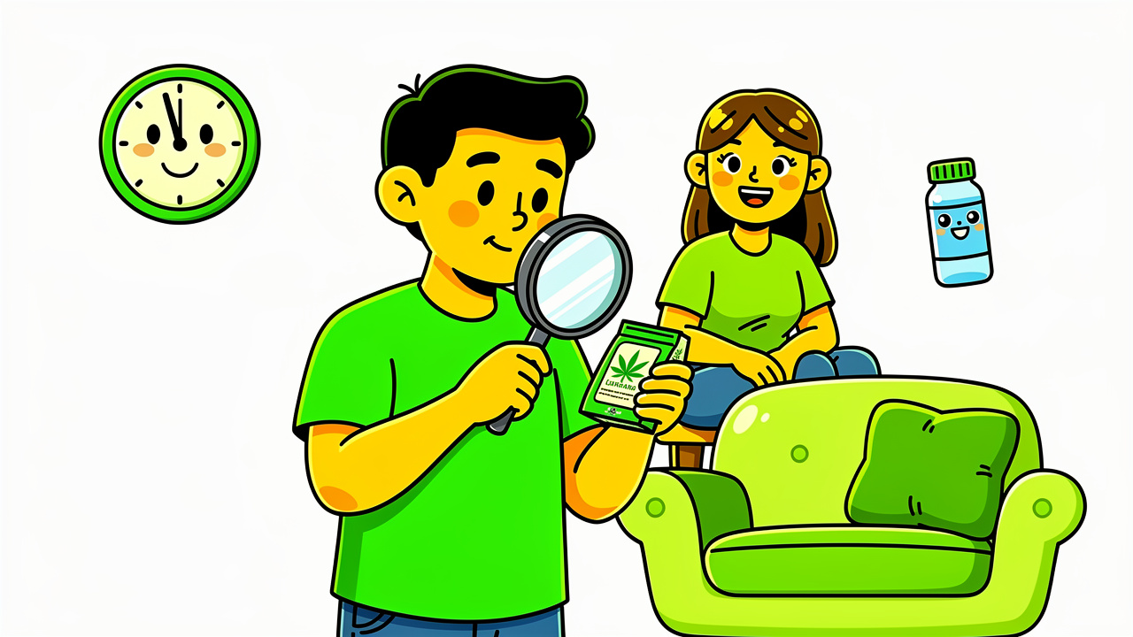 Cartoon character carefully checking cannabis dosage to avoid greening out