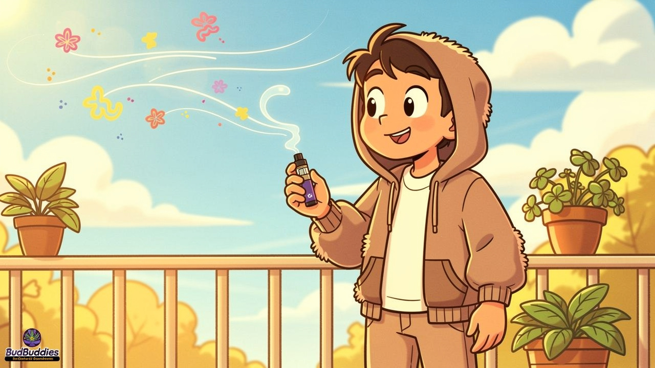 Cartoon character using vape on balcony to avoid smell on clothes