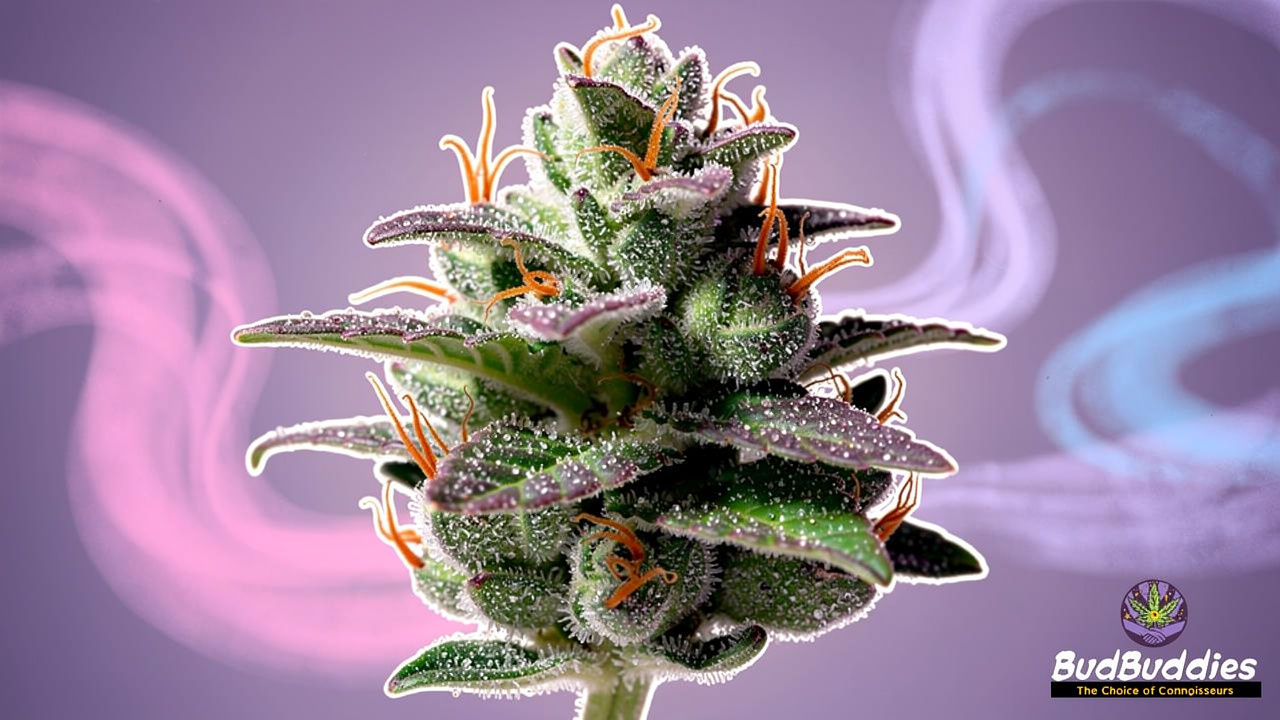 Cartoon frosty purple bud with swirling aroma wisps