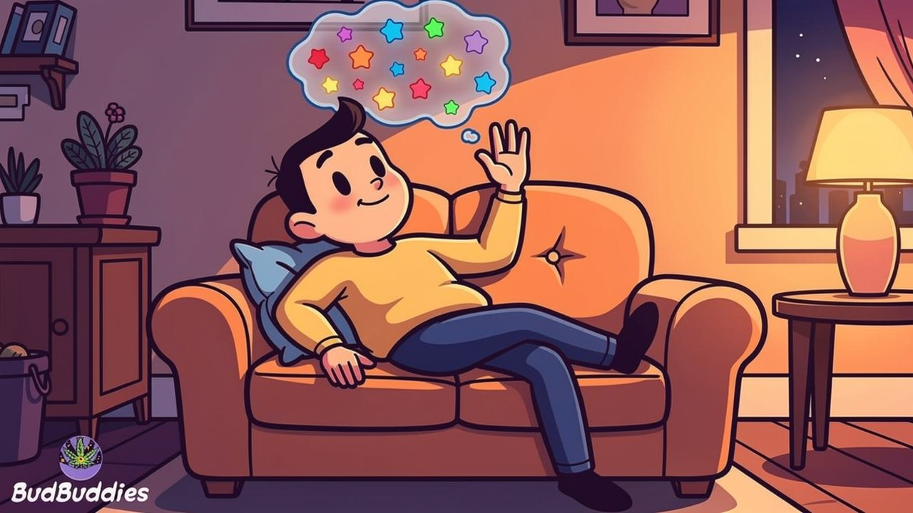 Cartoon character relaxing calmly with swirling smoke clouds