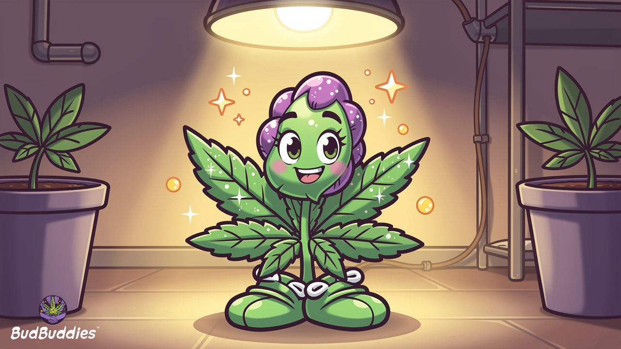 Cartoon cannabis plant showing dense purple Baby Yoda buds
