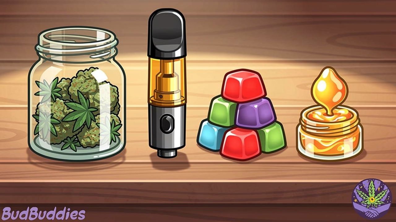 Cartoon array of cannabis flower, vape, edibles and concentrate
