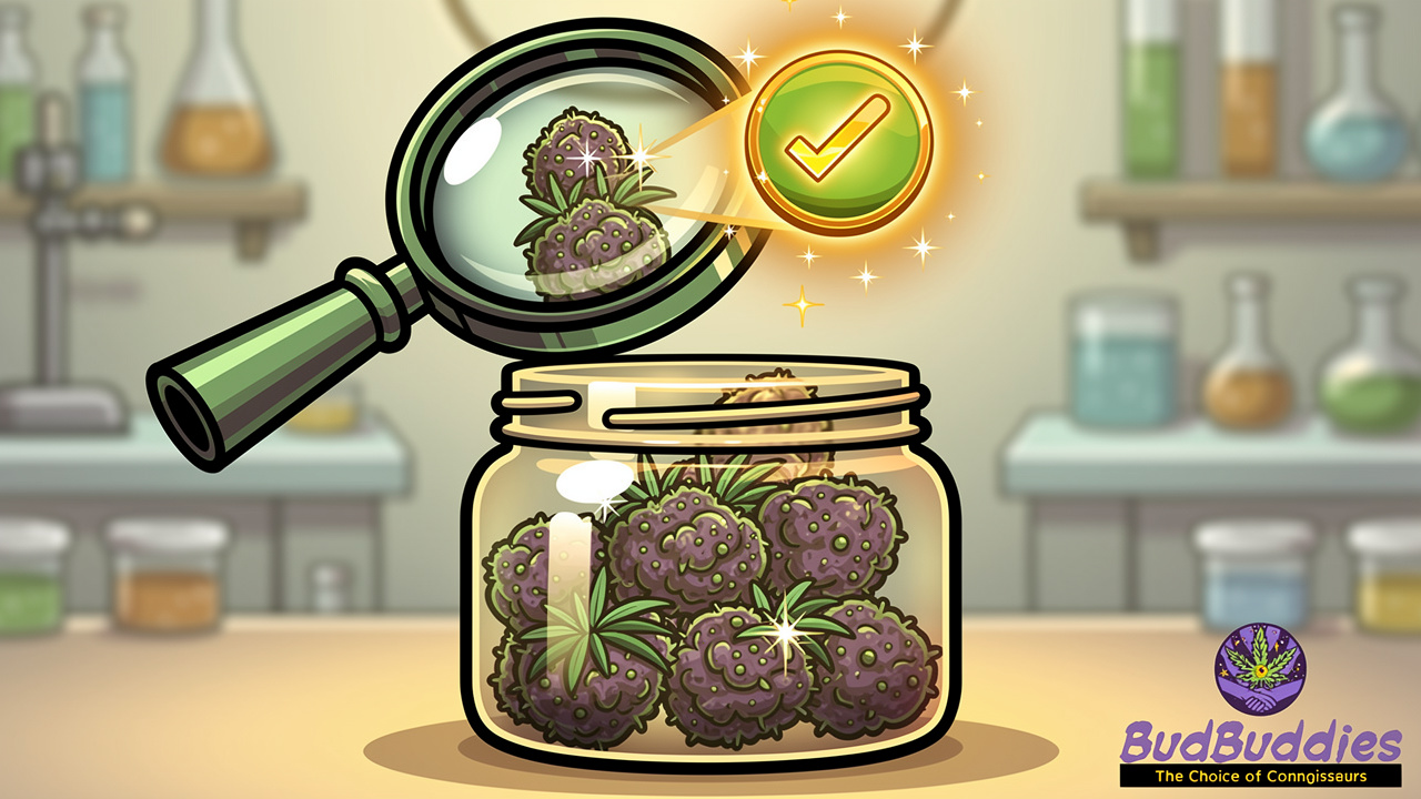 Cartoon magnifying glass inspecting quality cannabis buds