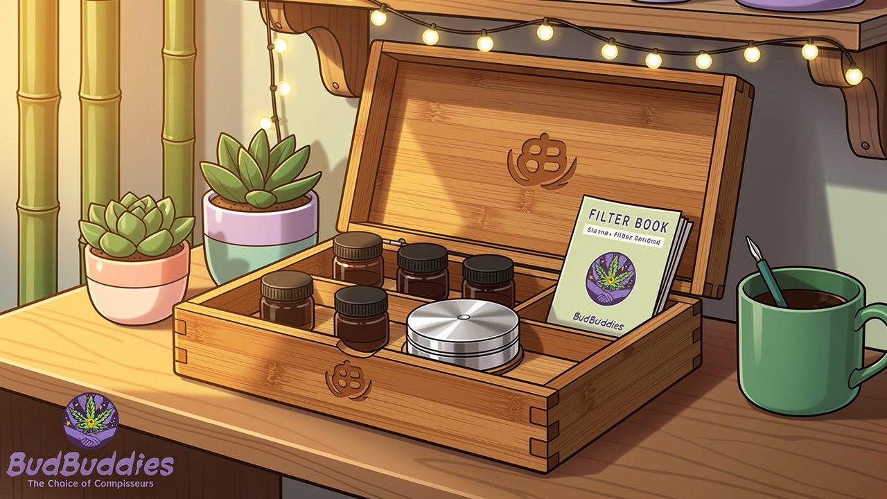 Bamboo stash box with rolling tray on student desk
