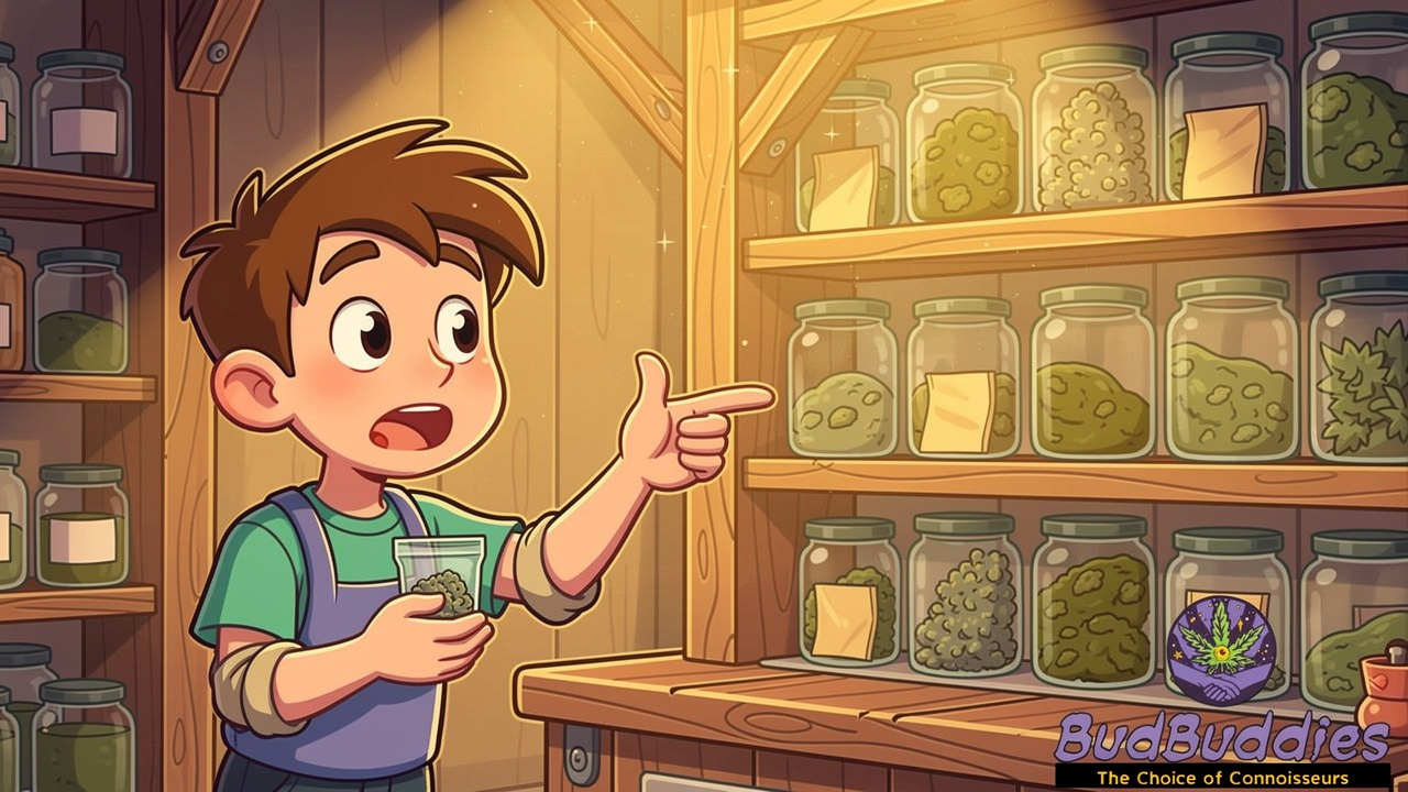 Cartoon beginner choosing a small cannabis bag