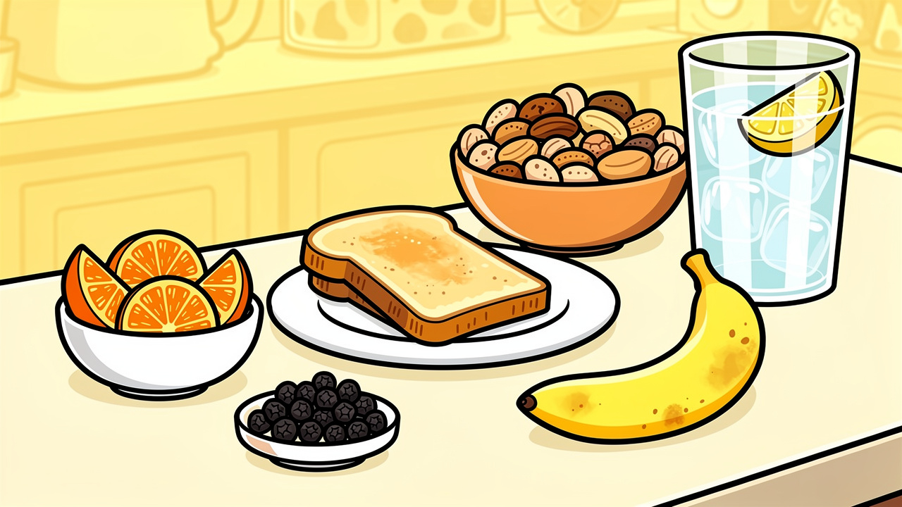 Cartoon spread of helpful snacks including toast, fruit, and pepper