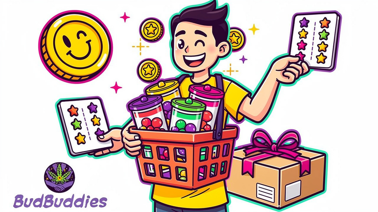 Cartoon shopper saving money buying THC gummies in bulk
