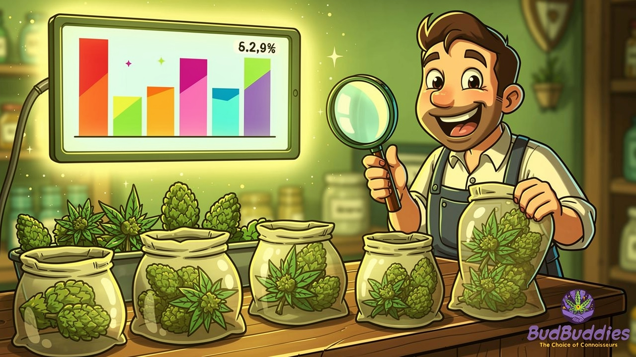 Cartoon shopkeeper comparing cannabis bag prices