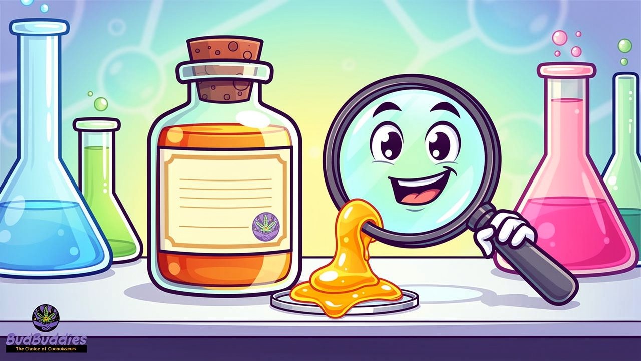 Cartoon lab scene checking BHO concentrate quality