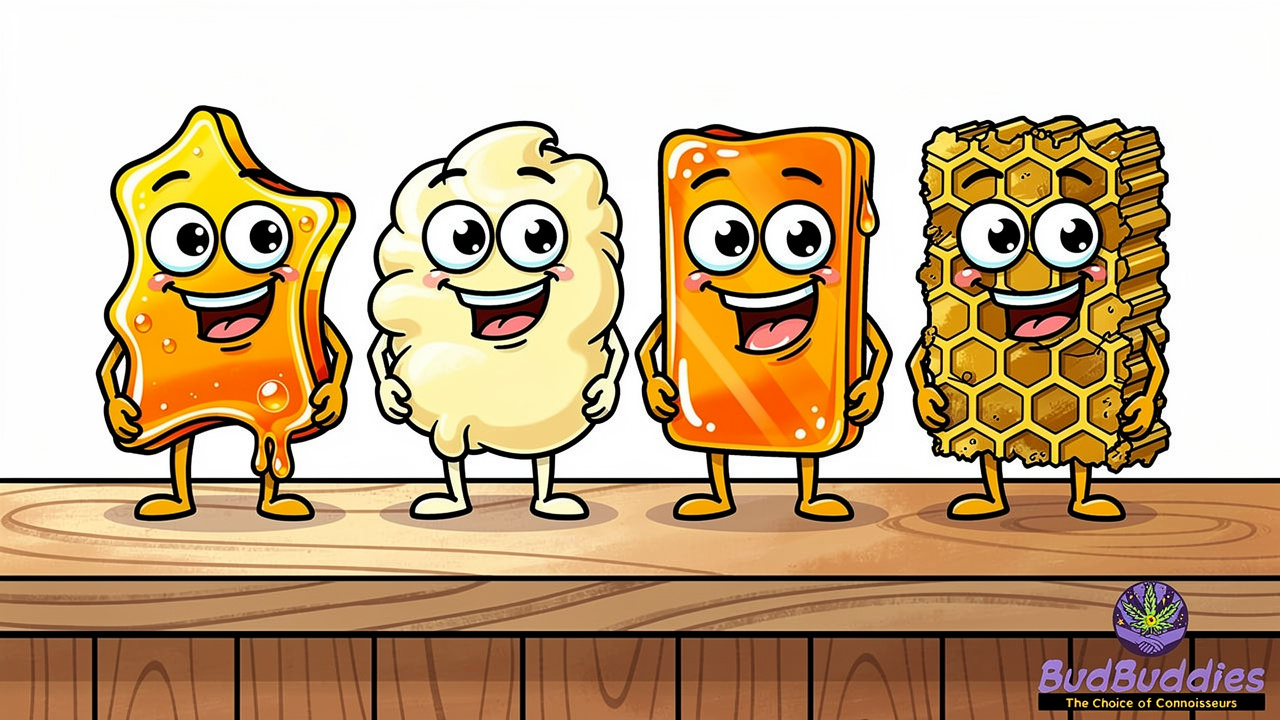 Cartoon characters of shatter, wax, budder and crumble