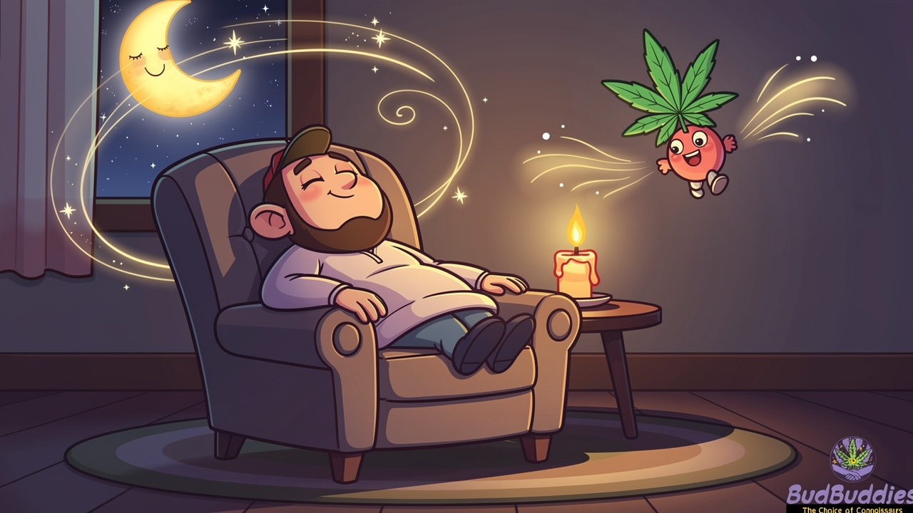 Cartoon figure relaxing from Black Maple strain effects