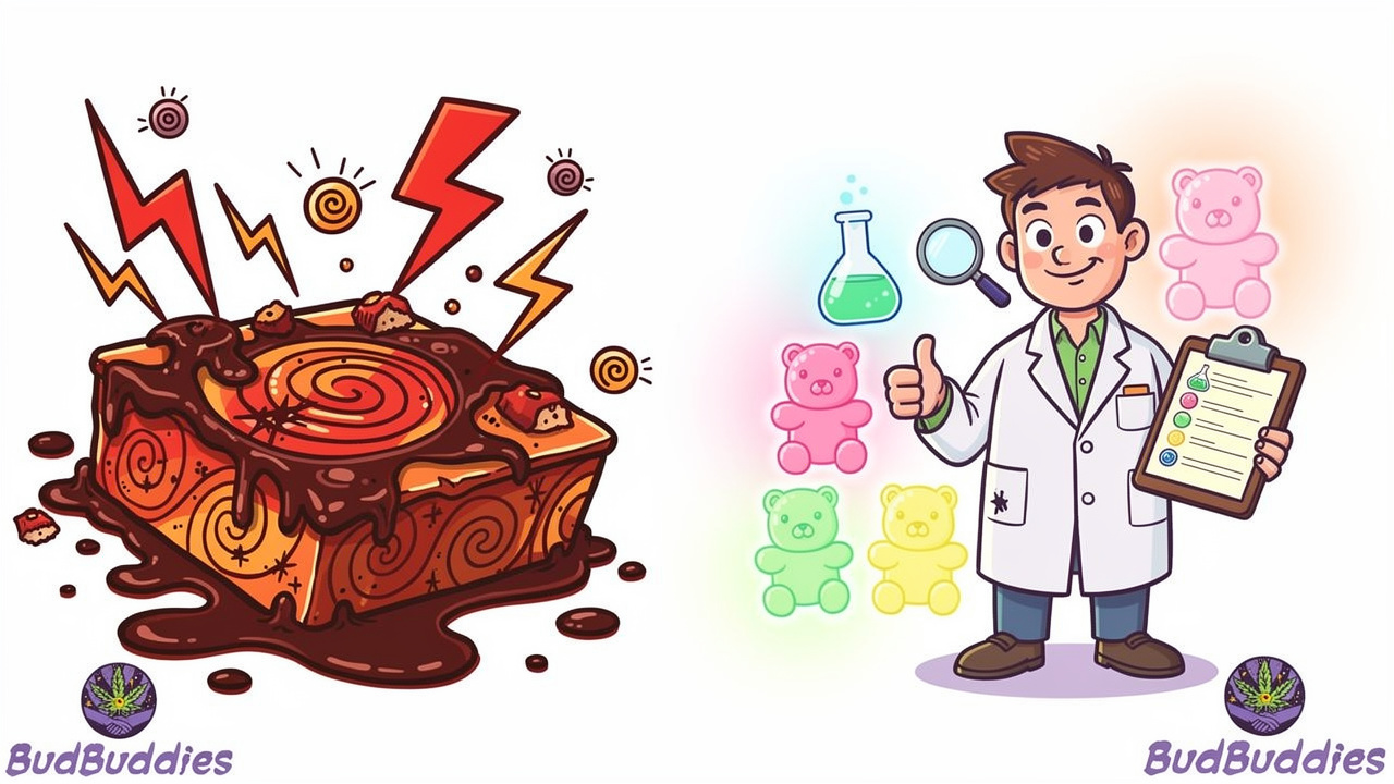 Cartoon comparison of unregulated versus lab-tested cannabis edibles