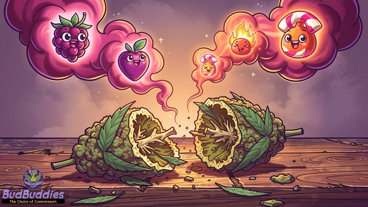 Cartoon smoke clouds showing Black Runtz aroma and flavour