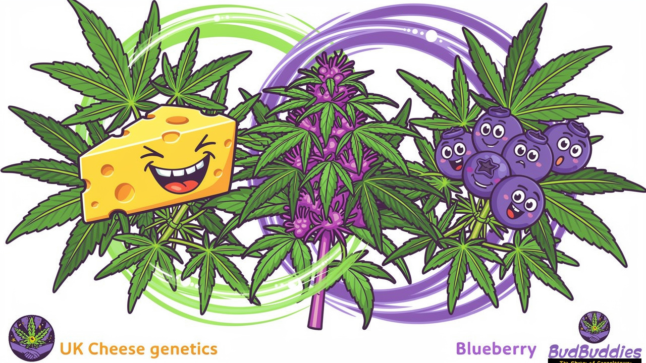 Cartoon showing UK Cheese and Blueberry strain heritage