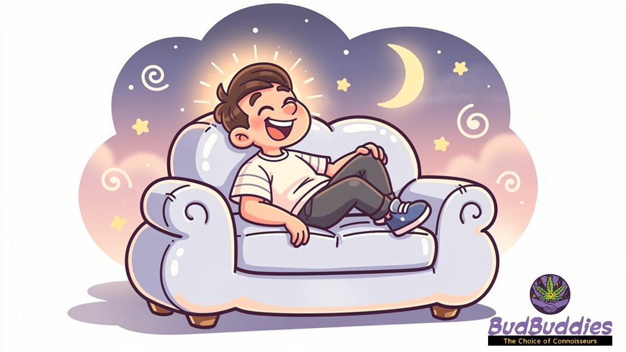 Cartoon figure relaxing showing Blue Nerds strain effects