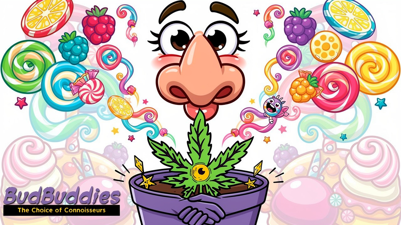 Cartoon nose smelling sweet Blue Nerds cannabis aroma