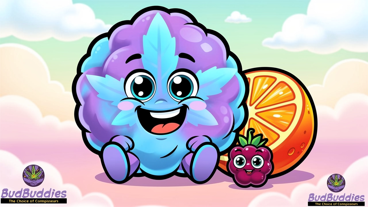 Cartoon character representing Blue Nerds hybrid strain genetics