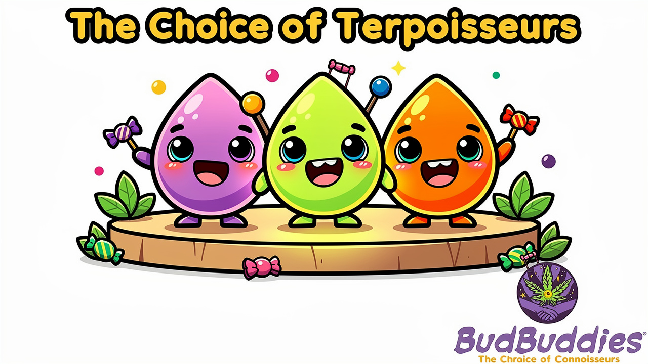 Cartoon terpene characters representing Blue Nerds flavour profile