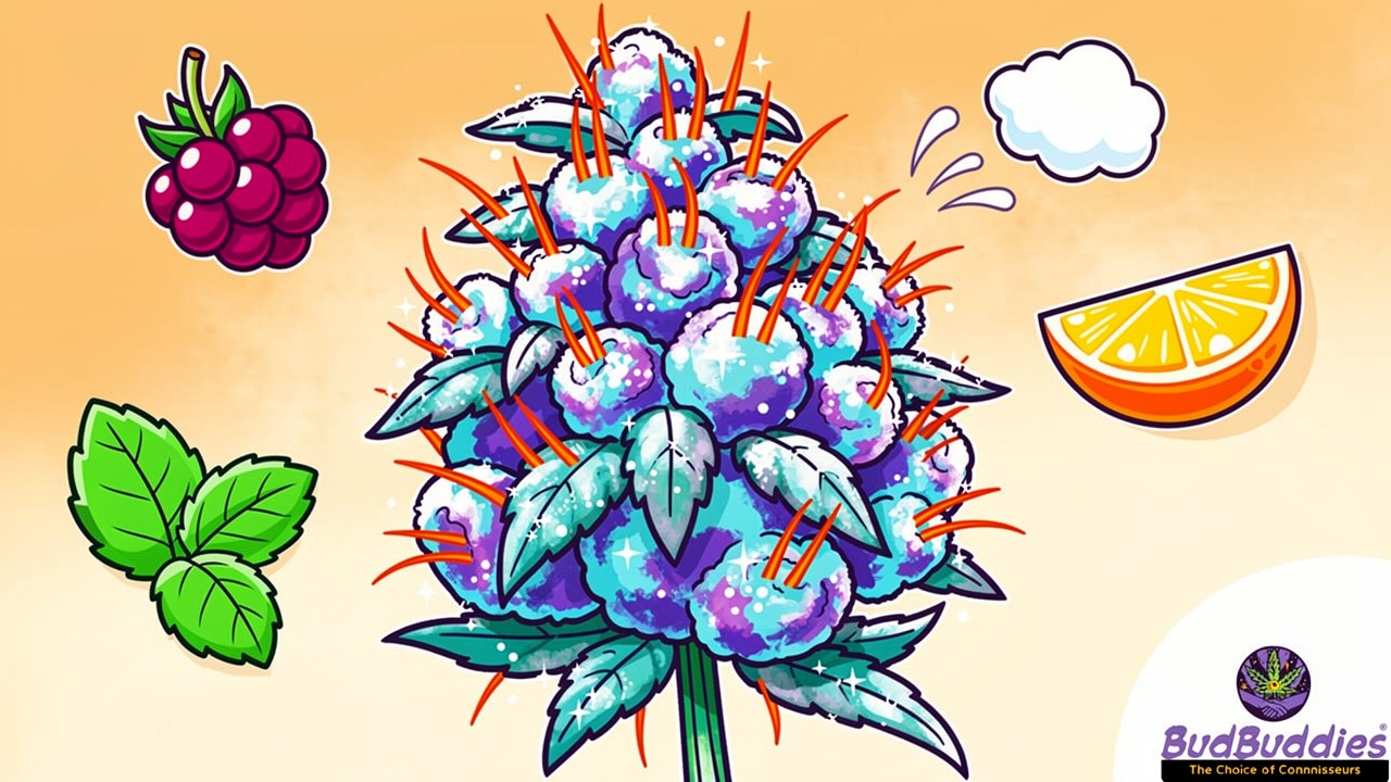 Cartoon bud surrounded by berry and mint flavour icons