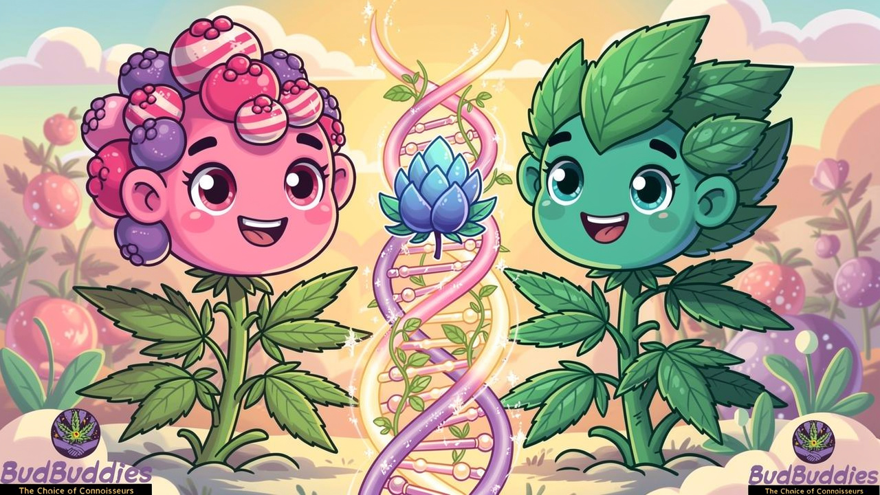 Cartoon of two parent cannabis strains merging genetics