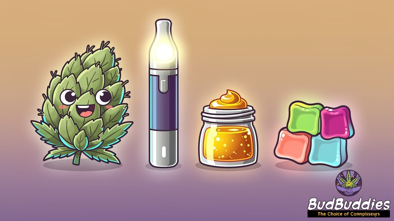Cartoon illustration of flower, vape, concentrate and edible formats