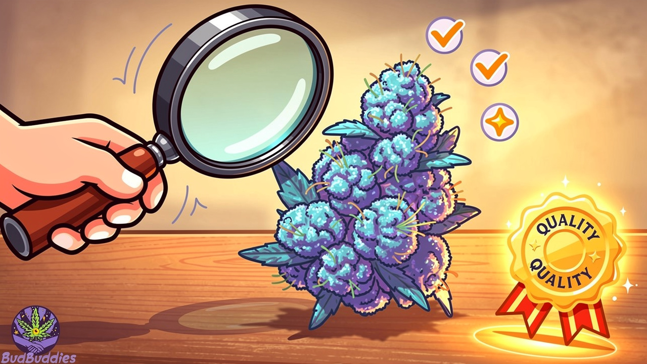 Cartoon magnifying glass inspecting quality cannabis bud