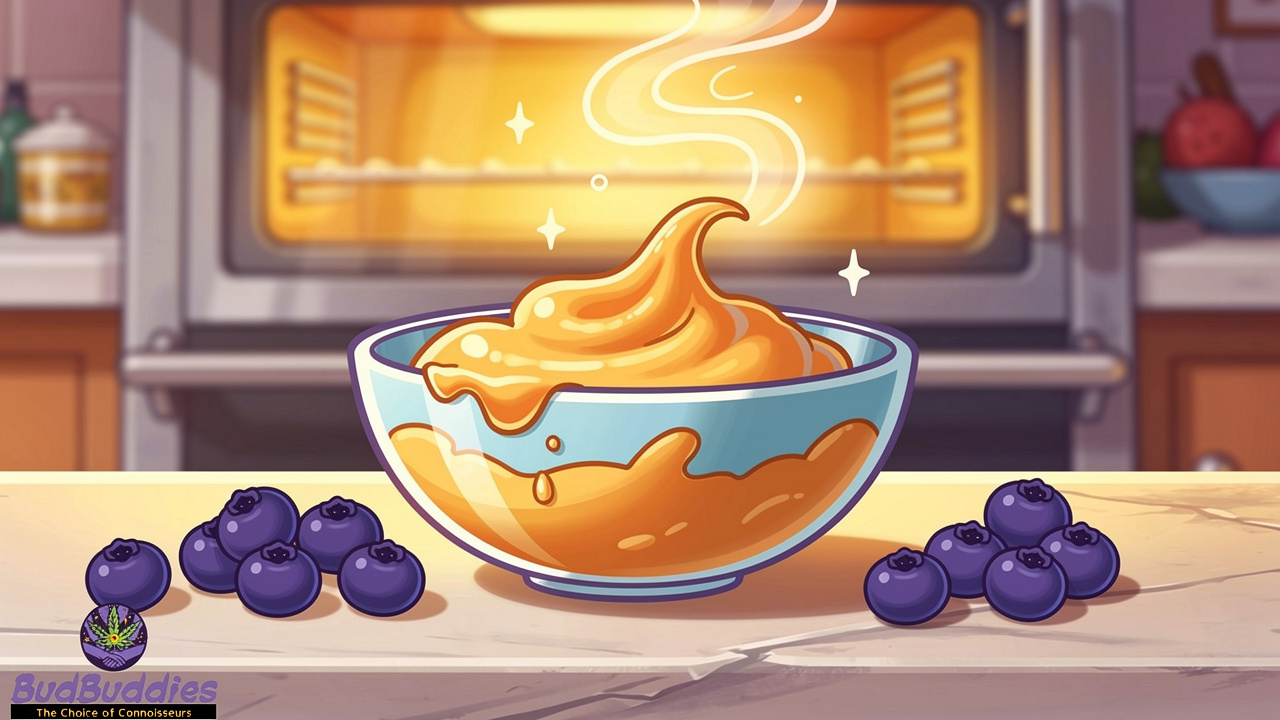 Cartoon kitchen scene with batter bowl and fresh blueberries.