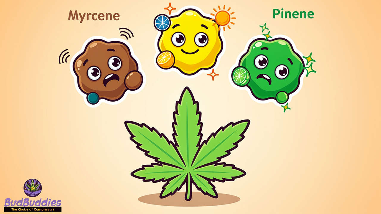 Three friendly terpene characters floating above cannabis flower.