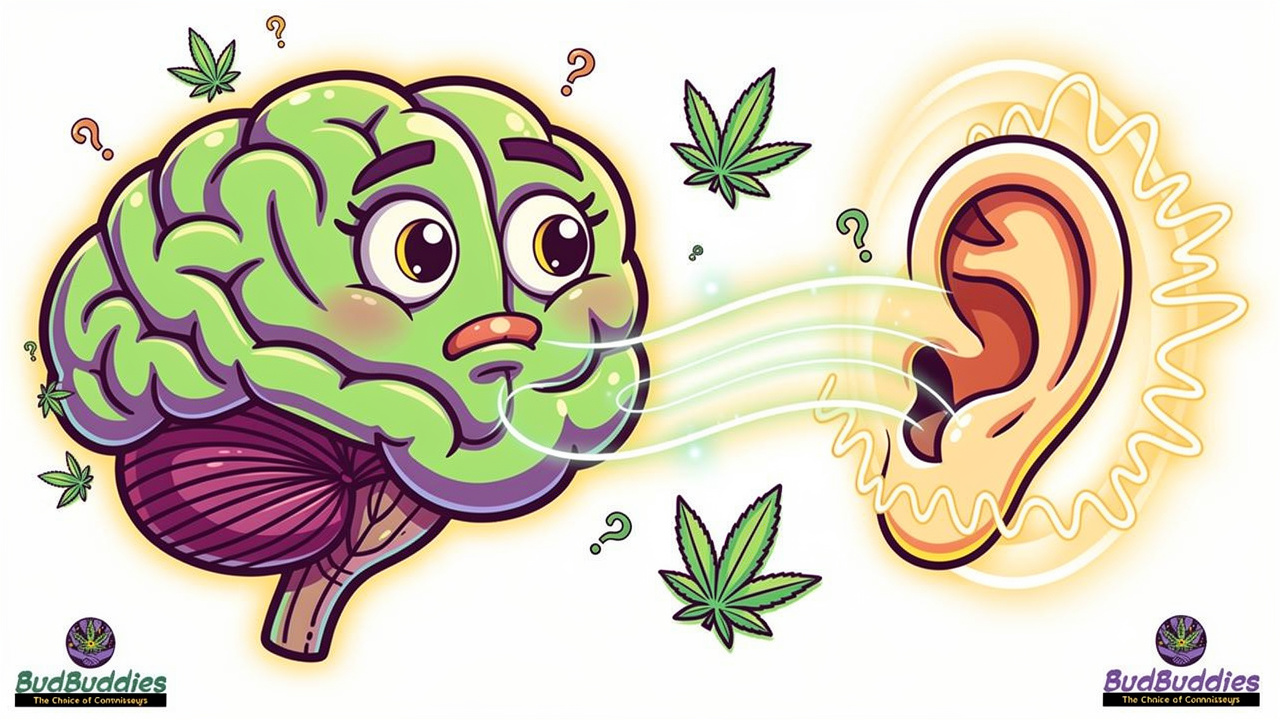 Cartoon brain and ear linked by cannabis effects