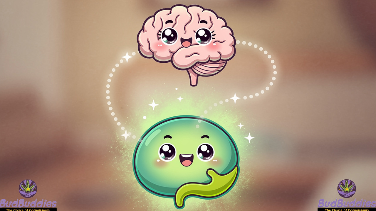 Cartoon brain and stomach connected by calming signals