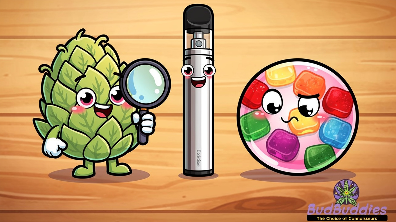 Cartoon comparison of flower, vape and edible formats