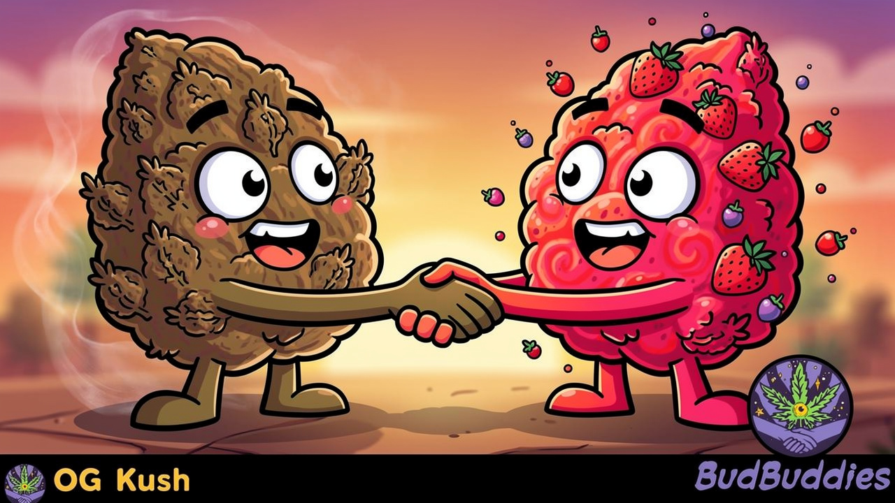 Cartoon characters showing OG Kush and Strawberry Diesel genetics