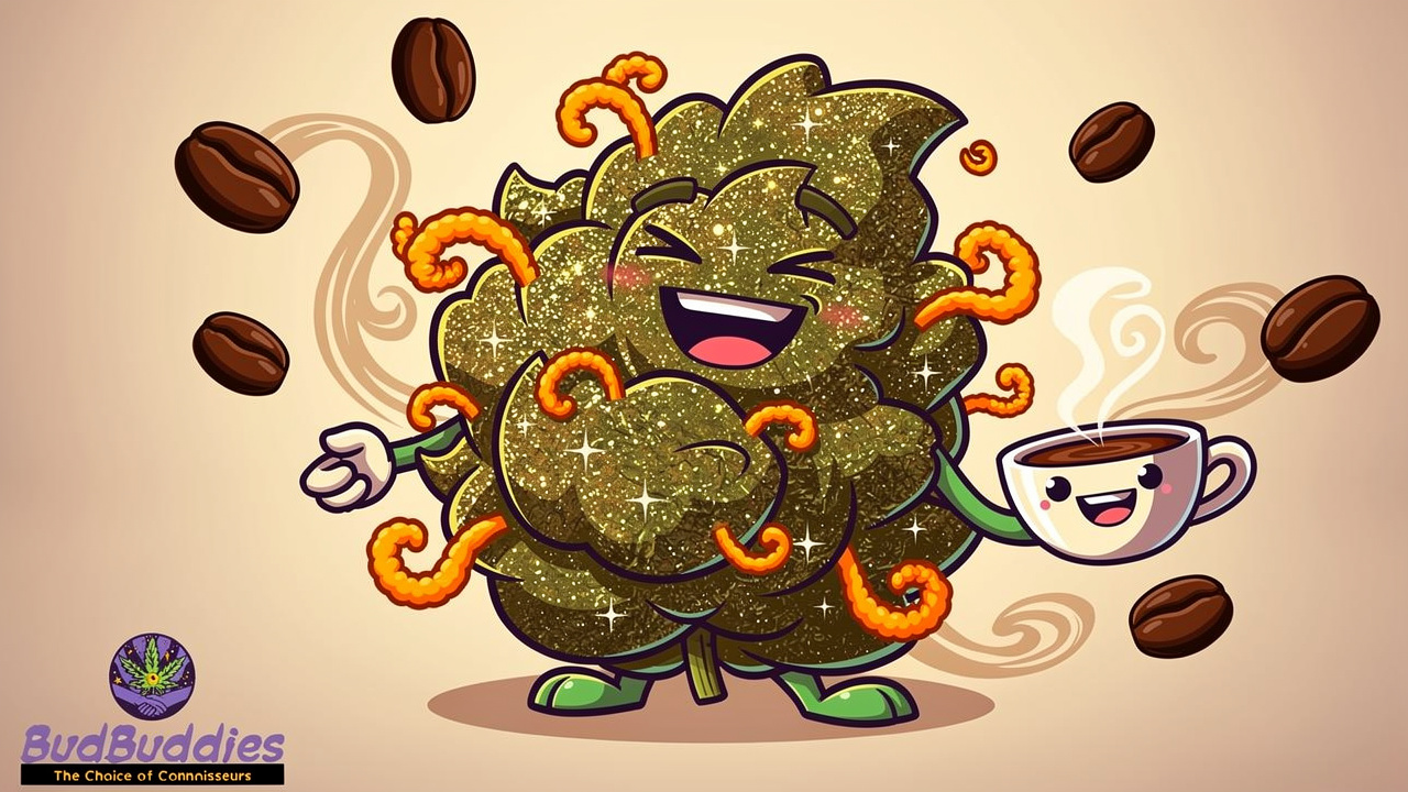 Cartoon cannabis bud with coffee-scented aroma swirls