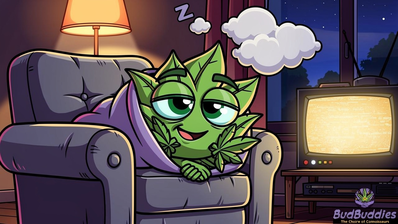 Cartoon character sinking into sofa showing couch-lock effect